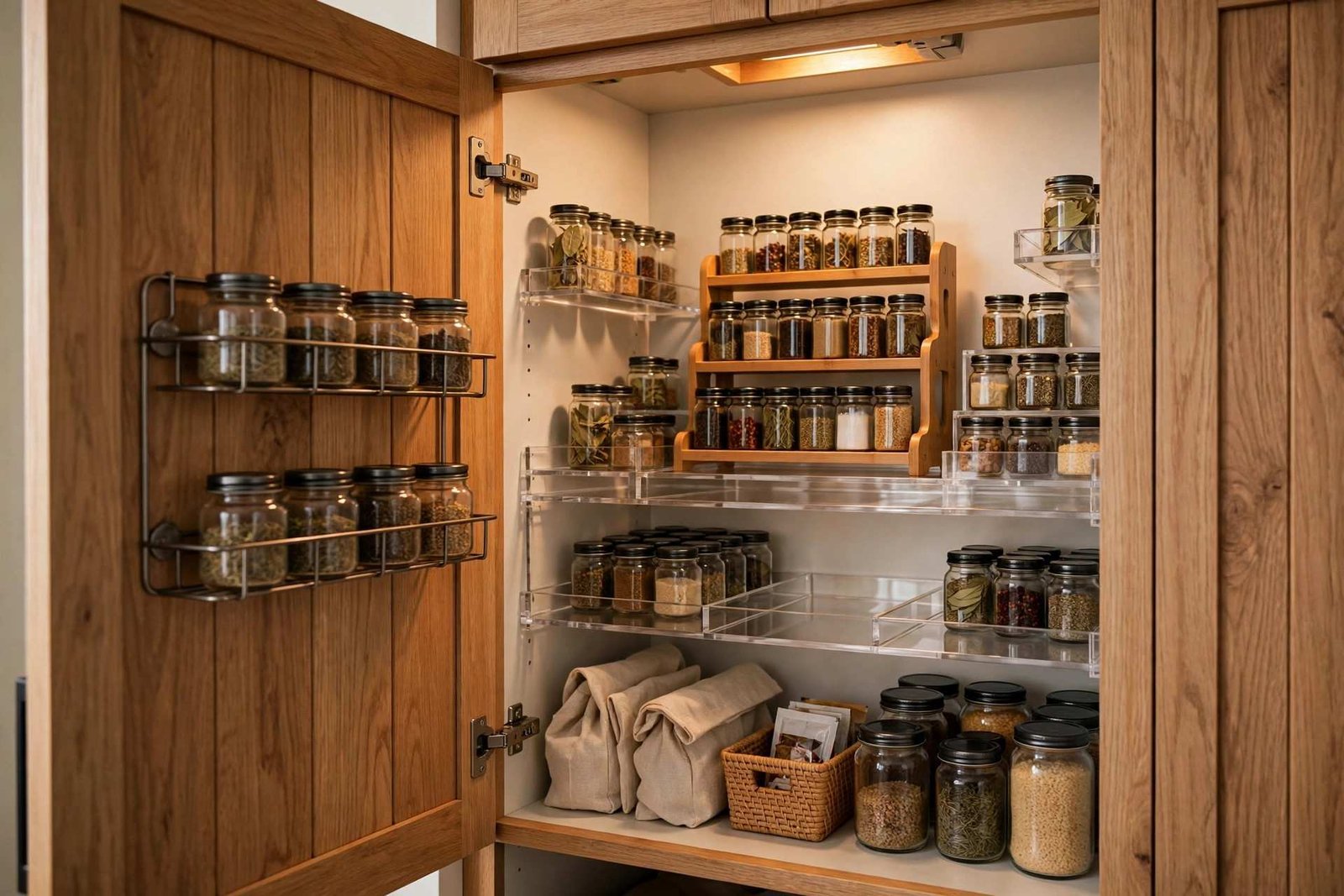 A small pantry cabinet with shelf risers, a tiered spice rack, and a door-mounted rack