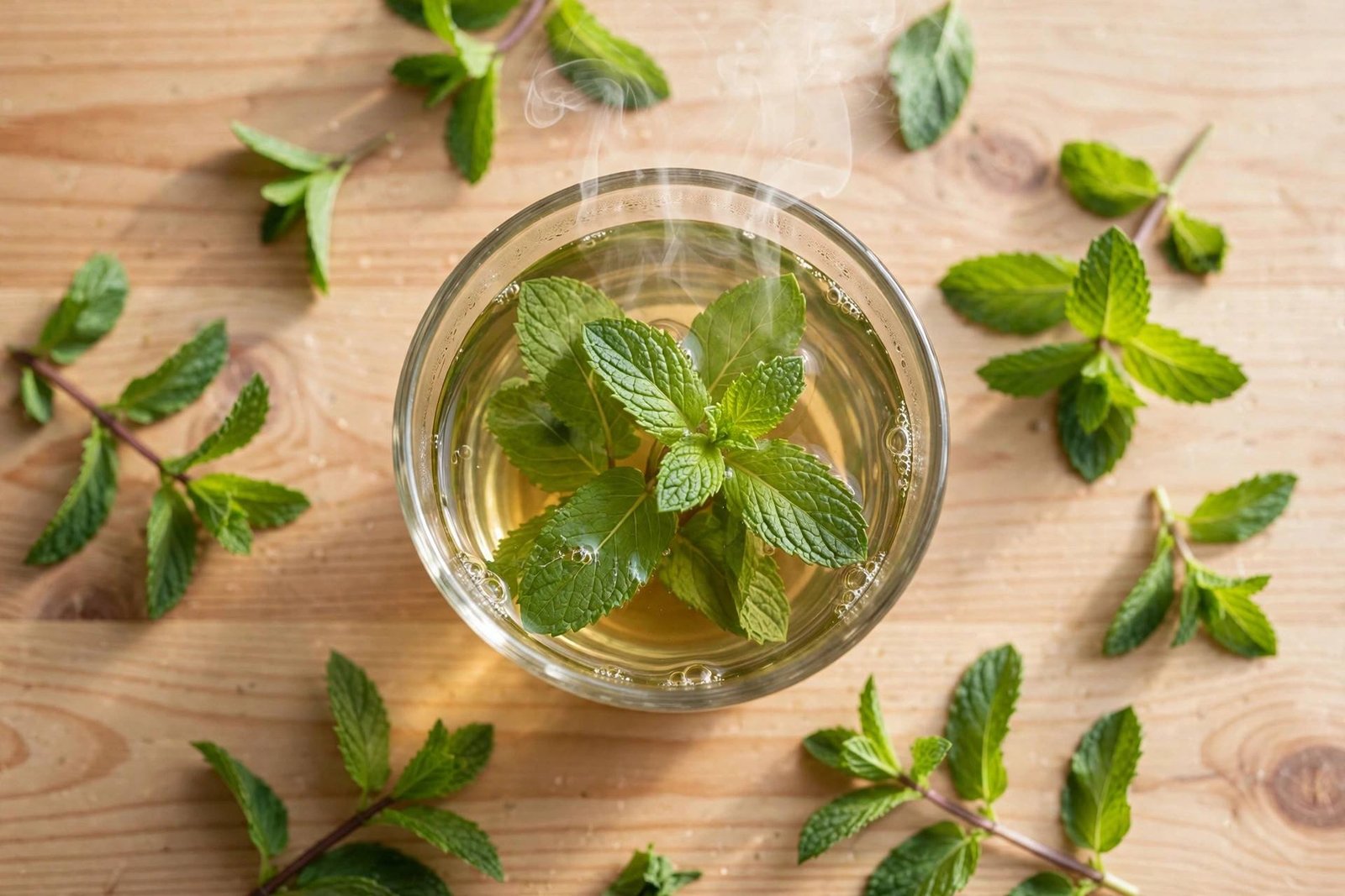 Glass cup of fresh spearmint tea with green leaves and steam on a wooden table