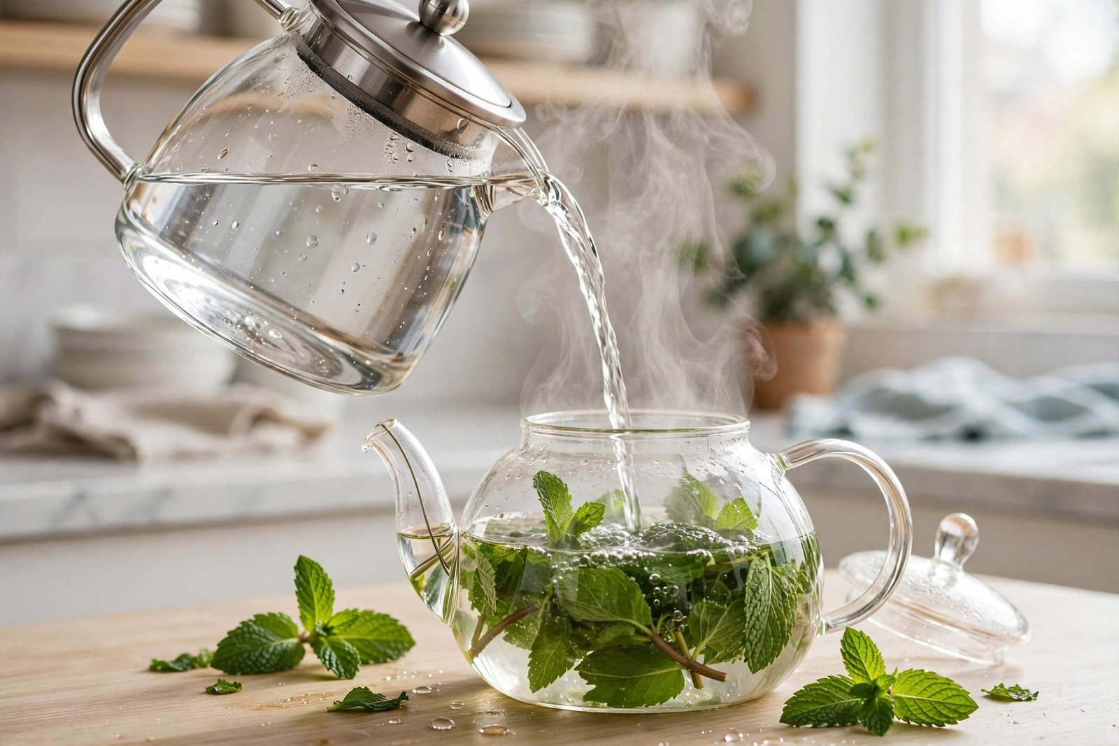 Hot water being poured over fresh spearmint leaves in a clear glass teapot