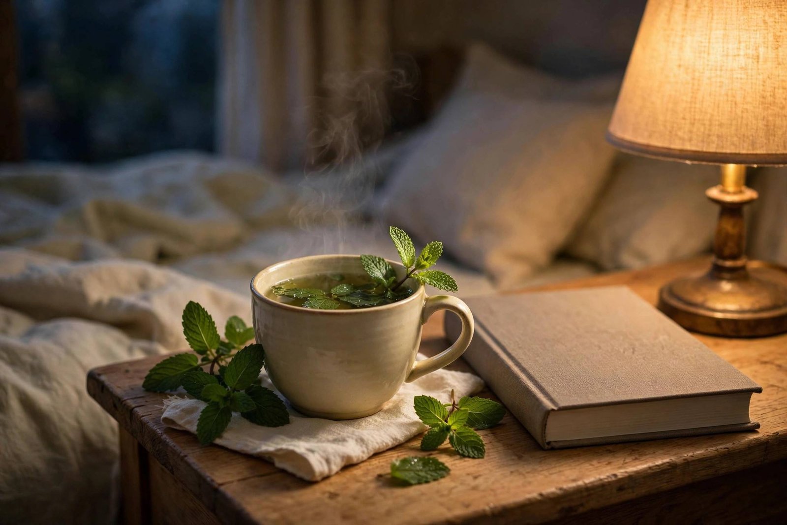 A cup of spearmint tea with fresh leaves on a bedside table in warm evening light