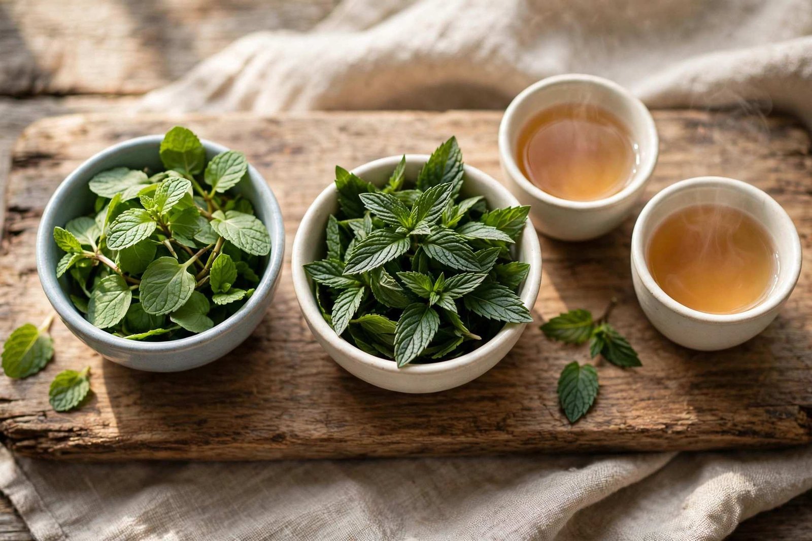 Fresh spearmint leaves and peppermint leaves in two bowls side by side with two cups of tea