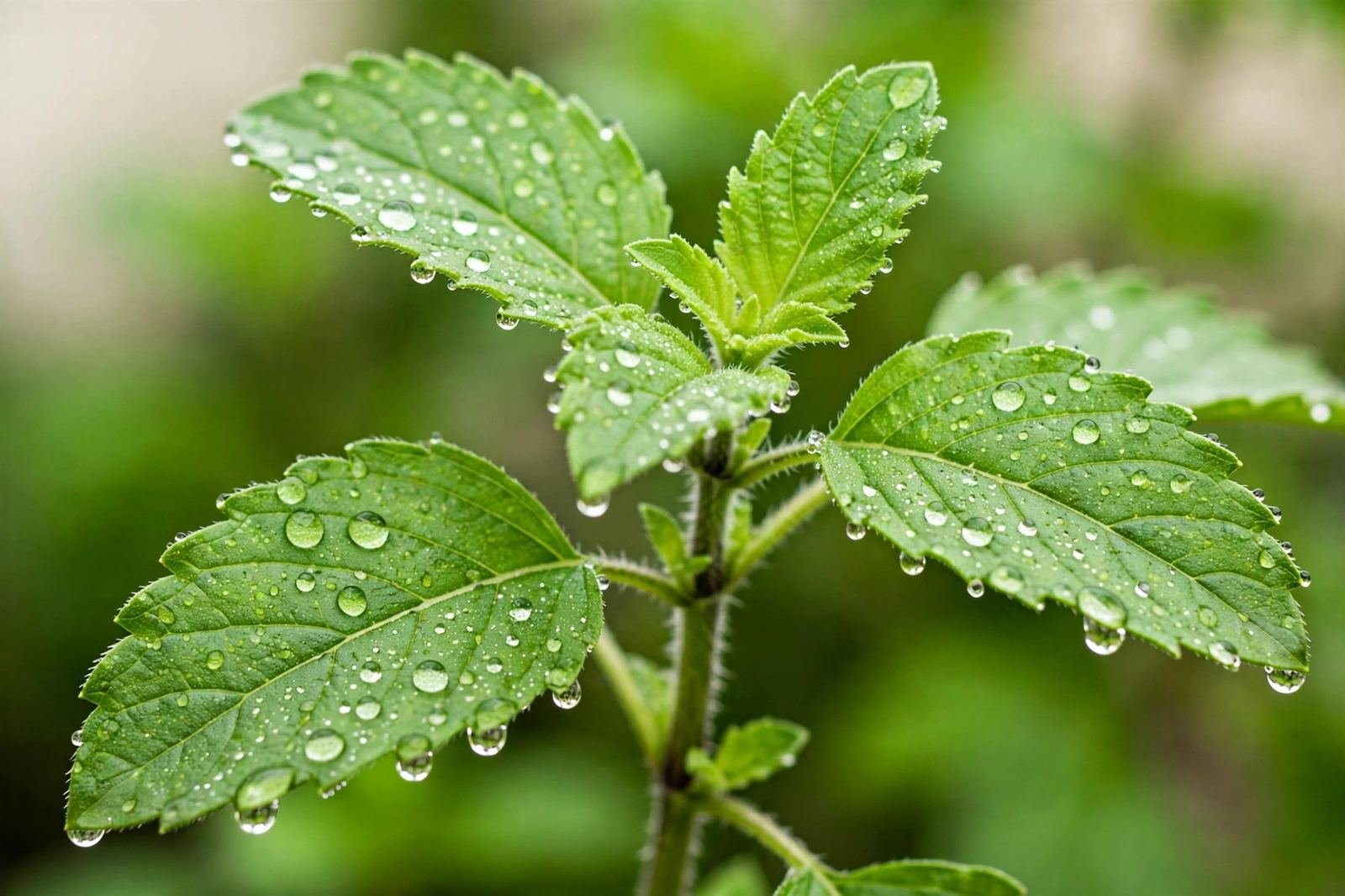 Fresh green tulsi holy basil leaves in a small ceramic bowl