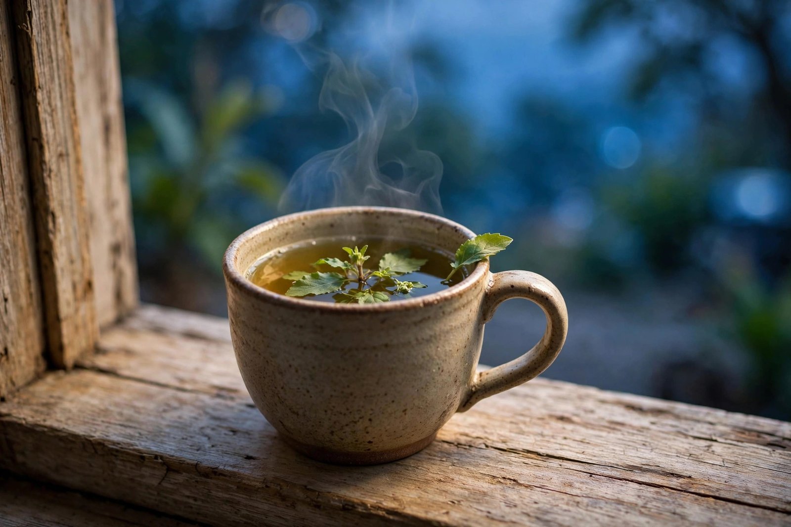 A warm cup of tulsi tea on a wooden table by a window at dusk