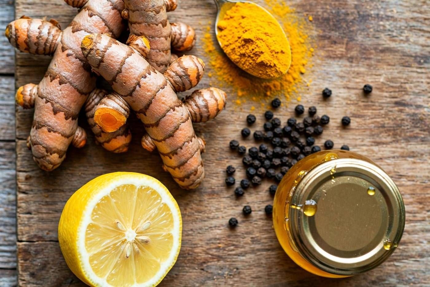 Fresh turmeric roots, ground turmeric, black peppercorns, lemon and honey on a wooden board