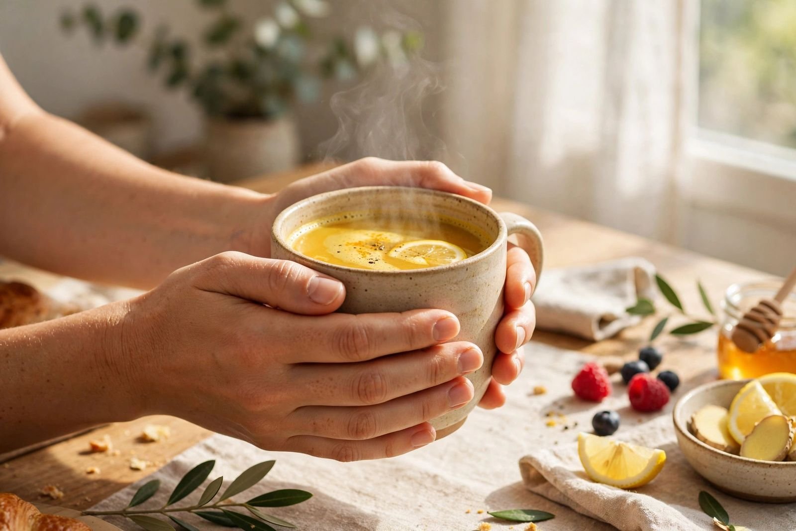 Hands holding a warm mug of golden turmeric tea at a sunlit breakfast table