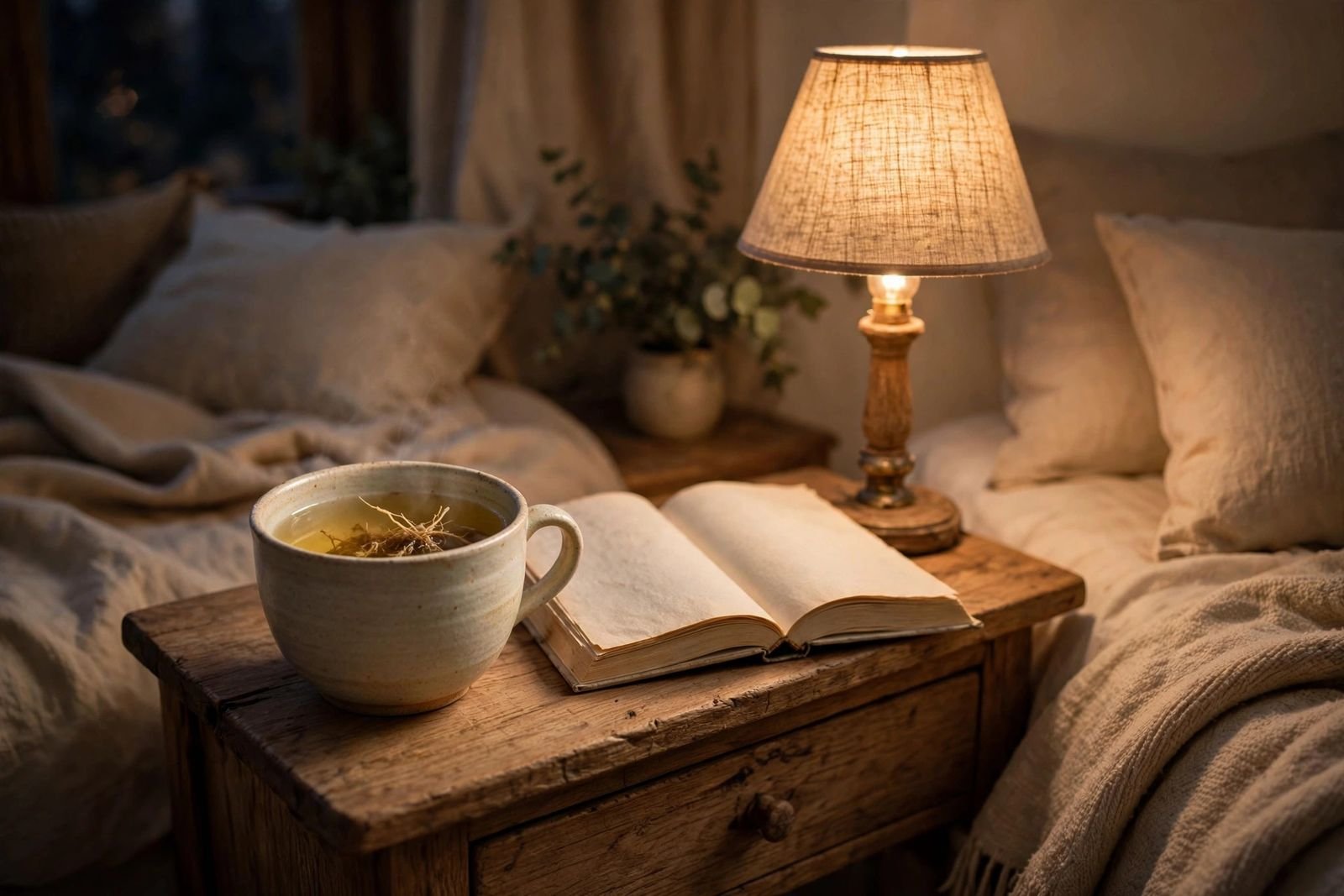 A cup of valerian root tea on a nightstand beside an open book in warm lamplight