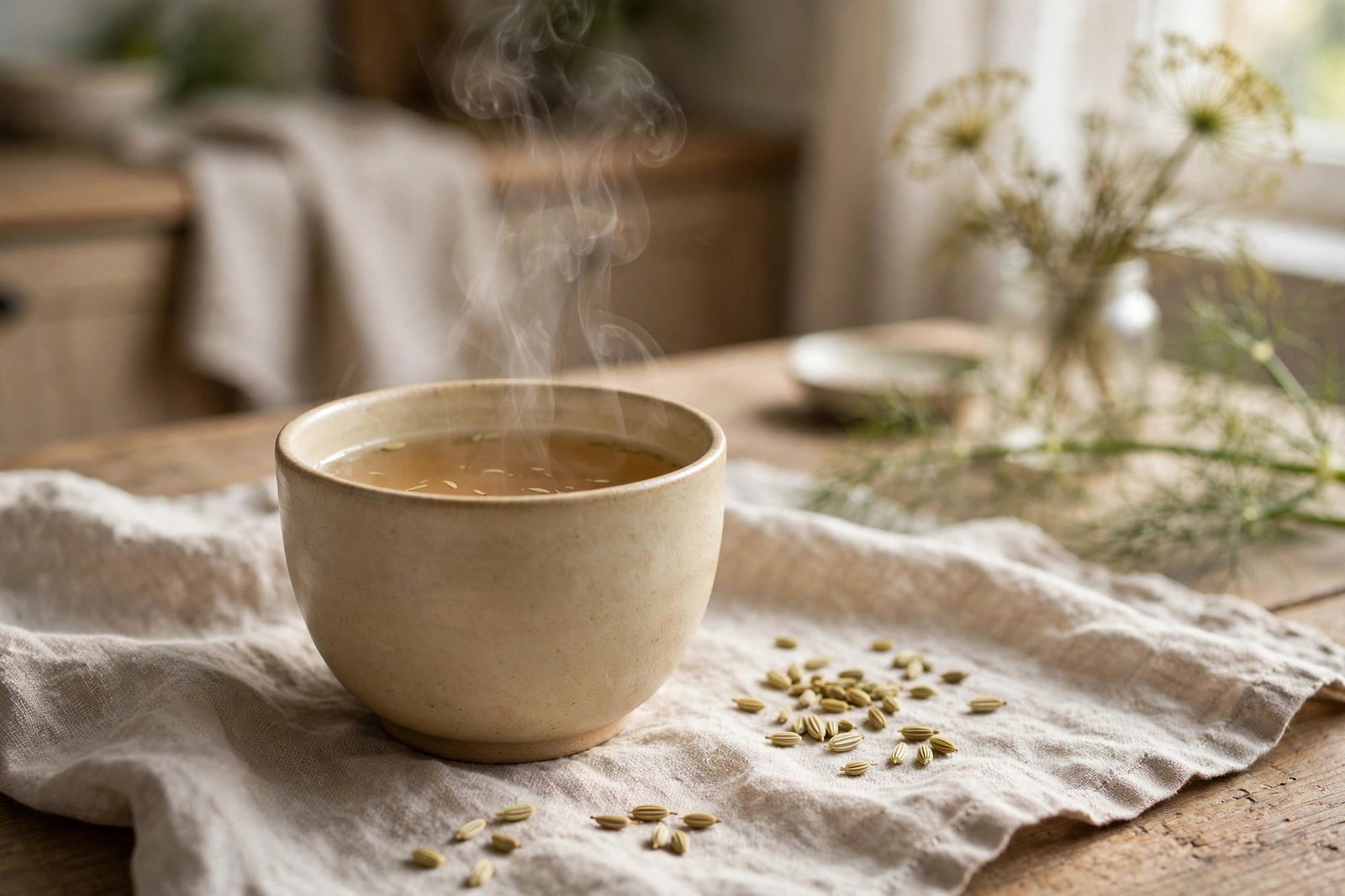A warm cup of fennel seed tea on a wooden table with scattered fennel seeds