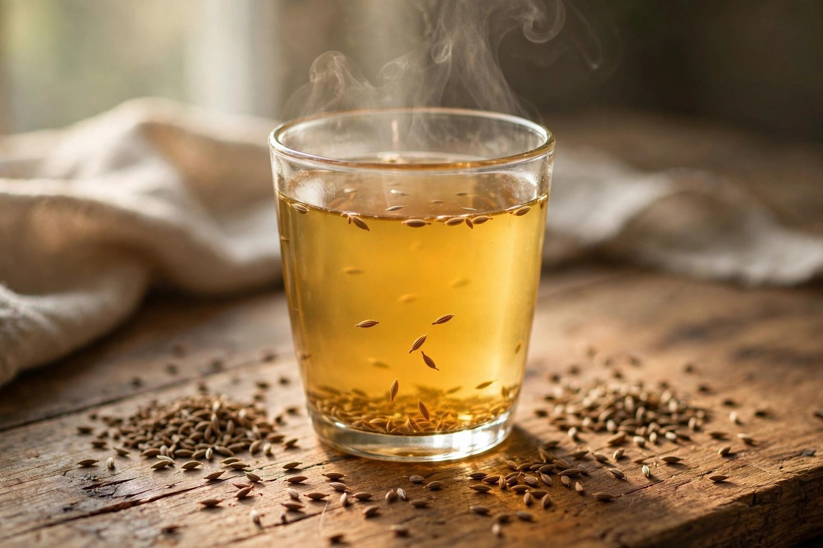 A warm glass of golden jeera water with cumin seeds scattered beside it