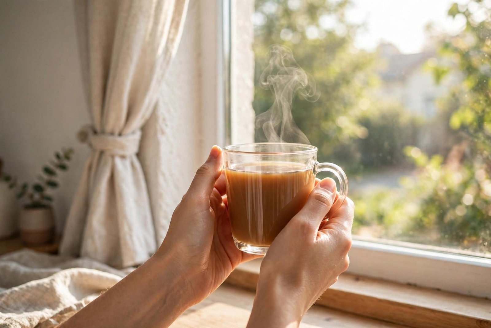 Hands holding a warm mug with steam at a sunny kitchen window