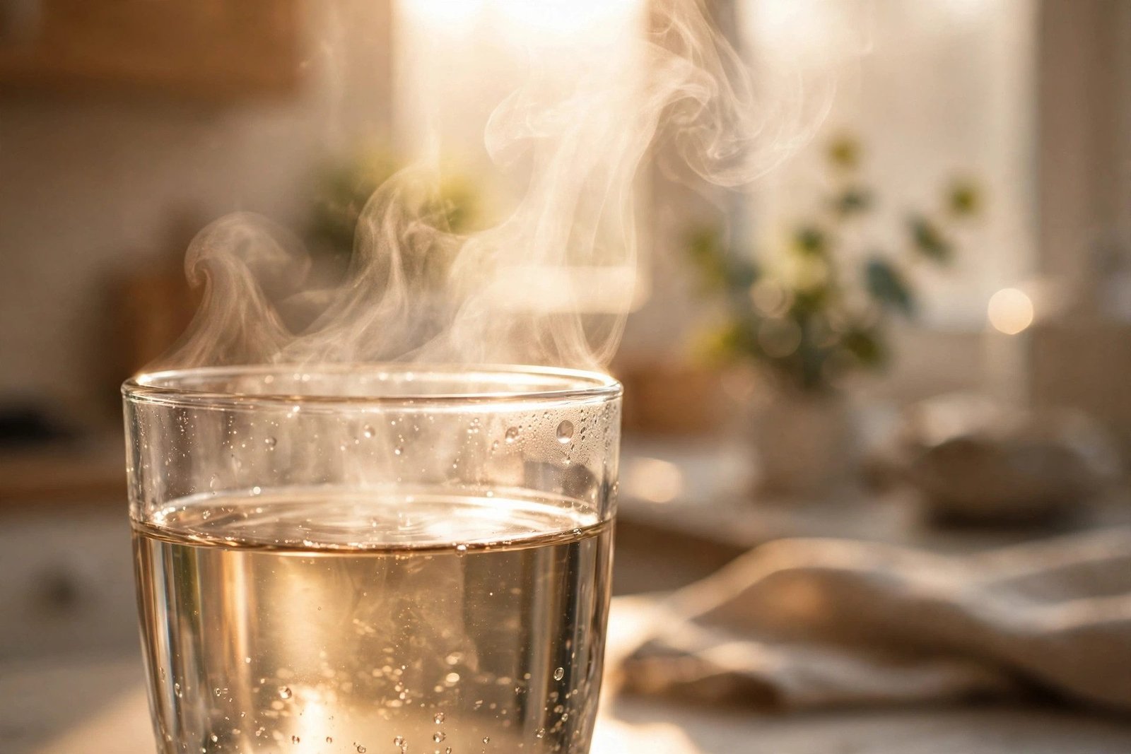 Steam rising from a glass of warm water in soft morning light