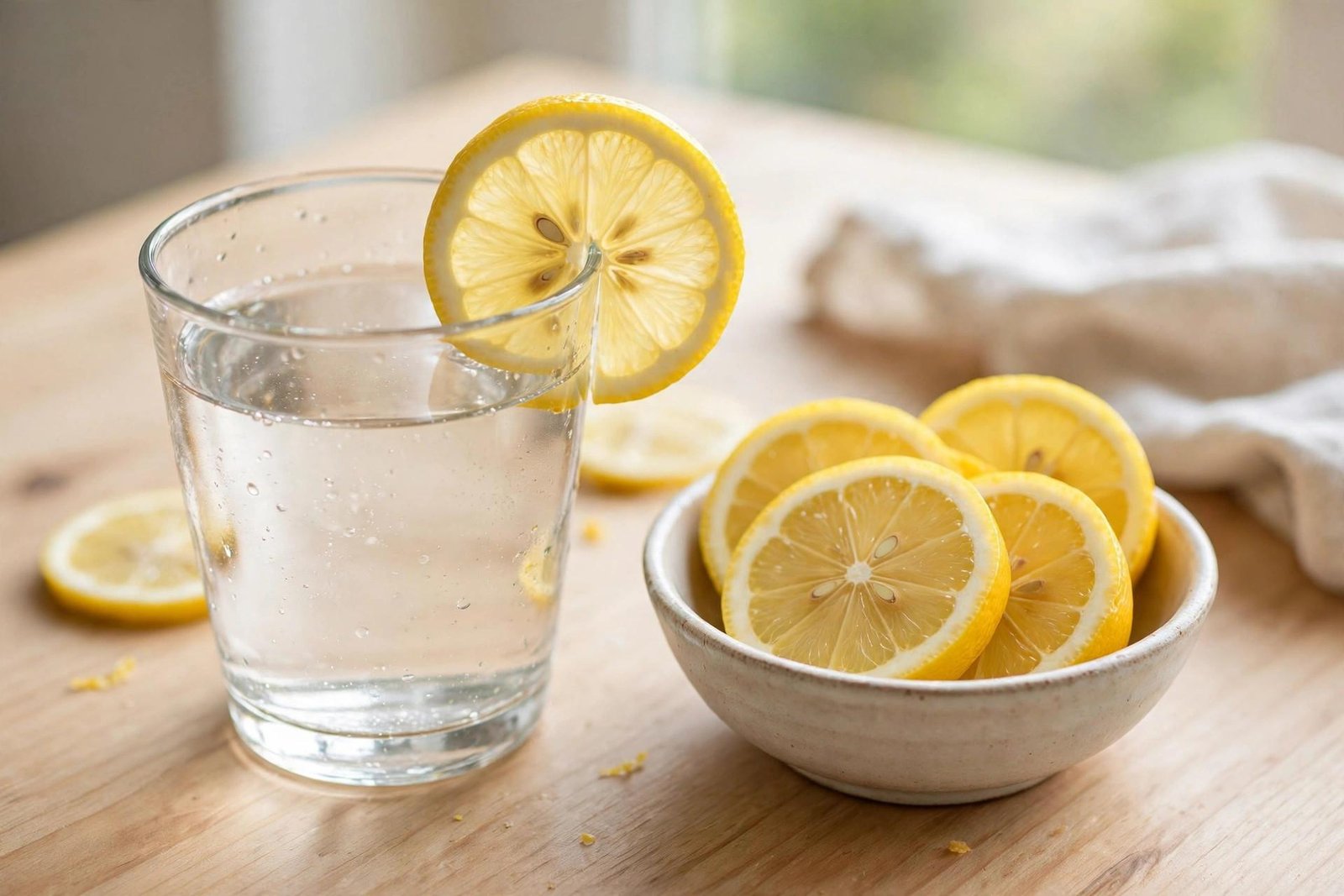Glass of warm water with a fresh lemon slice on the rim